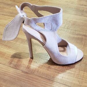 Light Tan Faux Suede Open Toe Tie Back High Heel Shoes